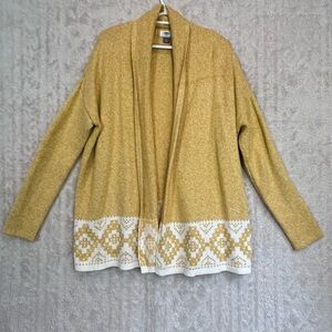 Women's Long Gold Soft Knit Open Cardigan Faire Isle Shawl Collar Sz M Oversized